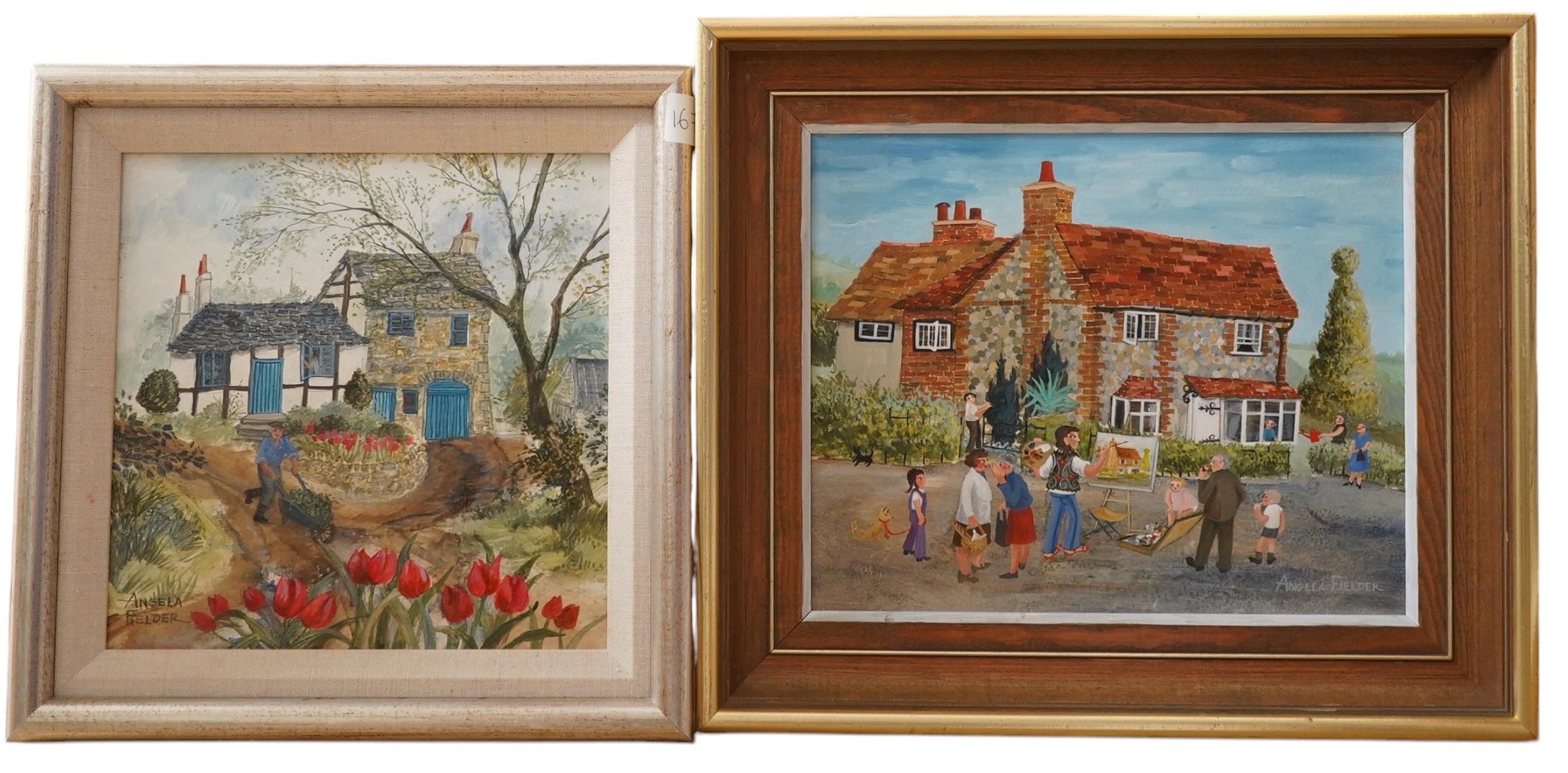 Angela Fielder (contemporary), two oils on board, Artist before a cottage and Cottage garden scene with tulips, each signed, details verso, largest 21 x 26cm. Condition - good